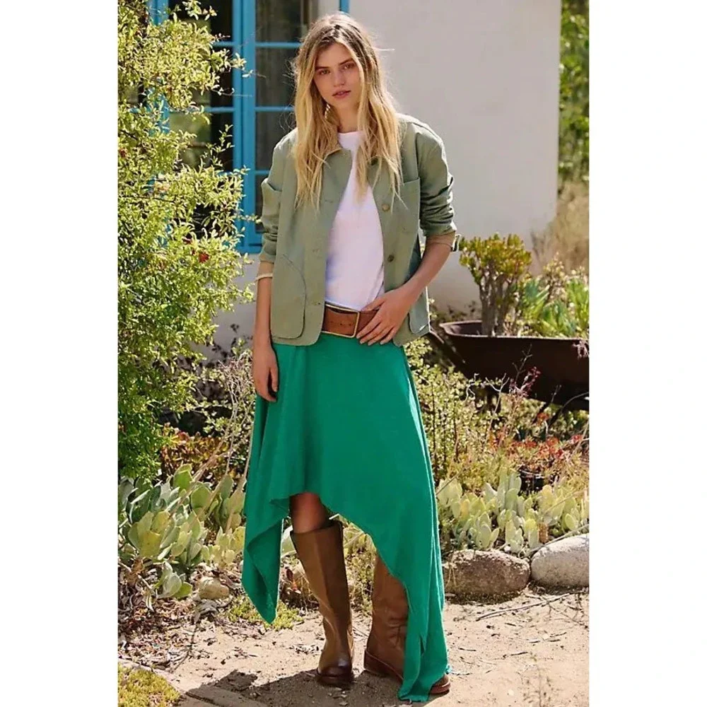 Free People Free-est Cotton Linen‎ Knit Asymmetric Midi Sweater Skirt L Boho